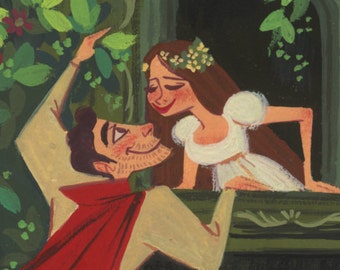 Può includere: Un dipinto che ritrae una coppia innamorata. L'uomo sta scalando un muro per raggiungere la donna che è in piedi a una finestra. Il dipinto è realizzato in uno stile fantasioso con colori vivaci e uno sfondo verde.