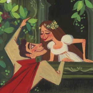 Peut inclure: Une peinture représentant un couple amoureux. L'homme escalade un mur pour atteindre la femme qui se tient à une fenêtre. La peinture est réalisée dans un style fantaisiste avec des couleurs vives et un fond vert.