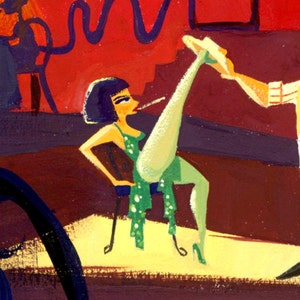 Peut inclure: Une peinture représentant une scène de casino avec un couple dansant. La femme porte une robe verte et a la jambe levée en l'air. L'homme porte une chemise blanche et un gilet jaune. Le panneau du casino est en arrière-plan avec le mot "Casino" écrit en blanc.