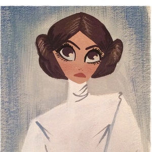Peut inclure: Une peinture à l'aquarelle de la princesse Leia de Star Wars. Elle porte sa tenue blanche signature et ses cheveux sont en chignon avec ses buns latéraux signature. La peinture est signée par l'artiste, "Dorothy Bole".
