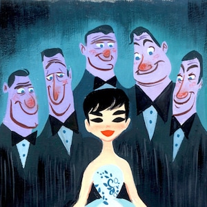 Peut inclure: Une femme en robe blanche et bleue à motifs se tient devant cinq hommes en costume noir. La femme sourit et les hommes la regardent tous. L'arrière-plan est de couleur bleu foncé. Le texte "Sabrina" est écrit en blanc en bas de l'image.