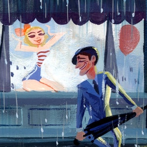 Peut inclure: Une peinture représentant un homme et une femme dans une scène de ville pluvieuse. La femme se tient à une fenêtre, faisant signe à l'homme qui marche dans la rue avec un parapluie. La peinture est signée "Sorelcoy Bouv" en bas à droite.