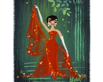 Può includere: Una donna con un abito rosso di paillettes e guanti bianchi si trova su una scalinata davanti a uno sfondo verde. Lo sfondo presenta una colonna verde con una parte superiore decorativa e un albero verde frondoso. La donna sorride e guarda a destra. Il testo "Beforeday Love" è scritto in corsivo nero nell'angolo in basso a destra dell'immagine.