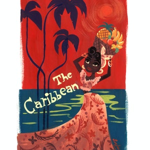 Peut inclure: Une femme en robe rose à fleurs porte un panier de fruits sur la tête. L'arrière-plan est un coucher de soleil rouge avec des palmiers et le texte "The Caribbean" en jaune.