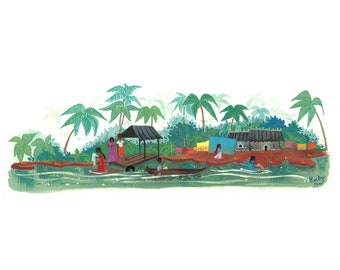 May include: A watercolor painting depicting a scene in a tropical village.  The painting shows a small wooden dock with people standing on it.  There are palm trees and a small house in the background.  The water is a light blue color and there are green plants growing in the water.