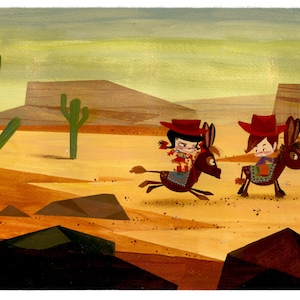 Peut inclure: Deux personnages de dessin animé portant des chapeaux de cowboy rouges chevauchent des ânes bruns dans un paysage désertique. Les personnages portent des vêtements colorés et les ânes ont des selles. L'arrière-plan est une scène désertique jaune, orange et brune avec des cactus verts.