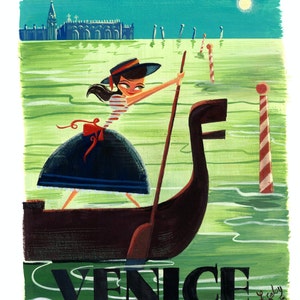 Peut inclure: Une illustration de style vintage d'une femme en robe bleue et nœud rouge, ramant une gondole dans un lagon vert. Le texte "VENICE" est écrit en noir en bas de l'image.