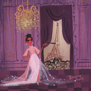 Peut inclure: Une femme en robe rose et voile blanc long se tient dans une pièce avec un mur violet et une fenêtre donnant sur la tour Eiffel. La pièce a un lustre doré et un tapis violet. La femme tient une cigarette dans sa main droite. Le texte "Roxelay Bove" est écrit dans le coin inférieur droit de l'image.