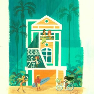 Peut inclure: Une illustration colorée d'une maison de plage avec des palmiers et des personnes profitant du plein air. Il y a une femme sur des patins à roulettes, un homme avec une planche de surf et une femme à vélo. La maison est peinte dans des tons de jaune, d'orange et de vert. Le texte "Lovejoy Cove" est signé en bas à droite.