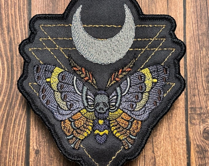 Handmade Death's Head Hawkmoth & Moons Iron On Back Patch, Iron-On