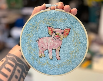 Piglet, Embroided Wall Art, Ready to Hang