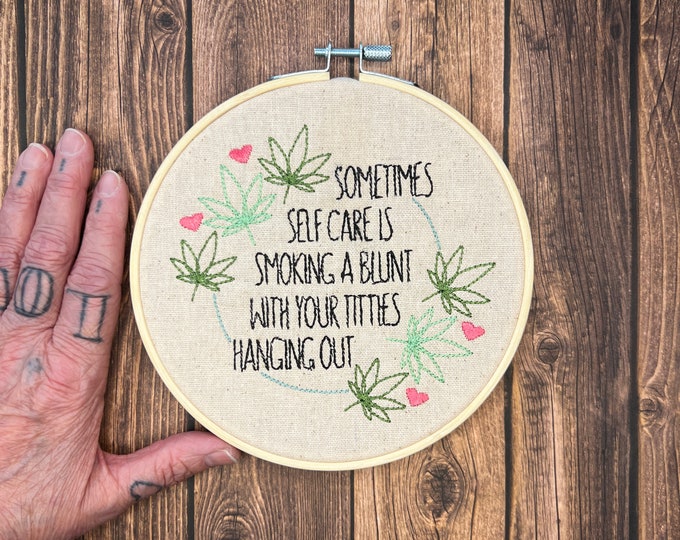 Self Care, Embroided Wall Art, Ready to Hang