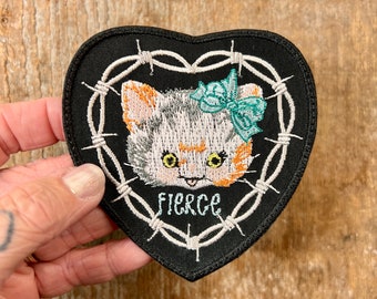 Fierce Kitten Barbed Wire Heart Iron-On Patch