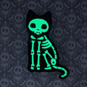 May include: A black cat with a glow-in-the-dark skeleton design. The cat is sitting with its tail curled around its legs. The skeleton is green and the cat is black.