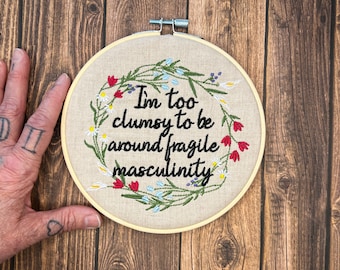Too Clumsy, Embroided Wall Art, Ready to Hang