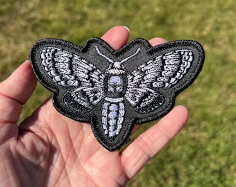 Black & White Deaths Head Moth Patch, Handmade, Iron-On