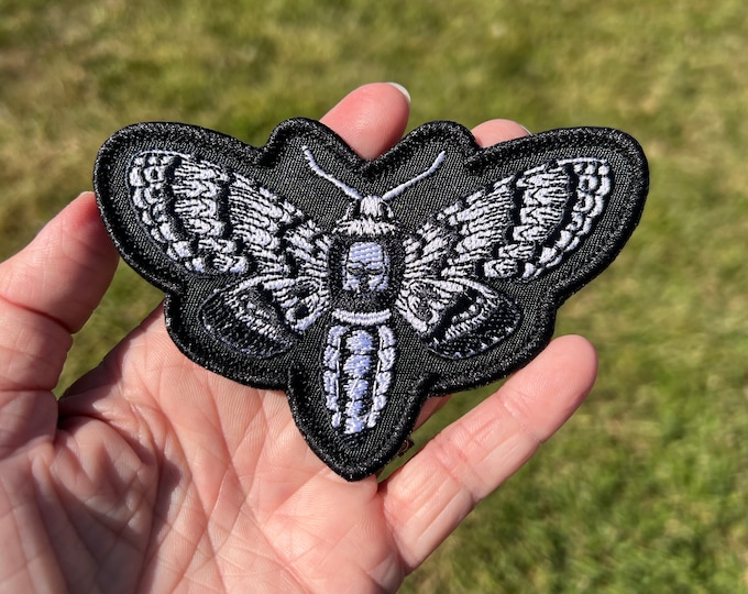 Black & White Deaths Head Moth Patch, Handmade, Iron-On