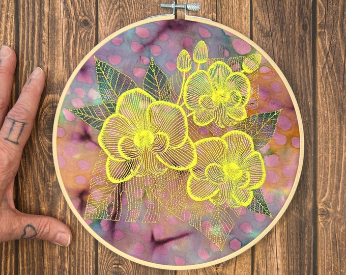 Orchids, Embroided Wall Art, Ready to Hang