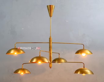 6 Curved Light Pendant Light |  Sputnik Chandelier Linear Light | Mid Century Modern Antique Brass Sputnik Chandelier Light Fixture