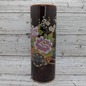 Vintage Japanese Brown Glazed Kutani Vase with Cart & Flowers - Gold-rimmed Small Vase Made in Japan