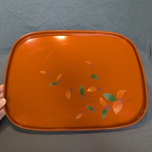 Vintage Lacquerware Tray - Orange with Gold Leaves and Purple Grapes - Retro Lacquer Platter