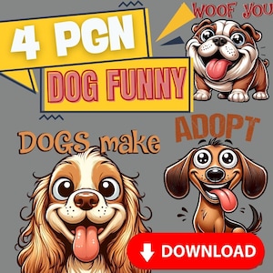4 Funny Dog Clipart Bundle | Quirky Cartoon Dog Stickers & Printable Pet Art with Transparent Background