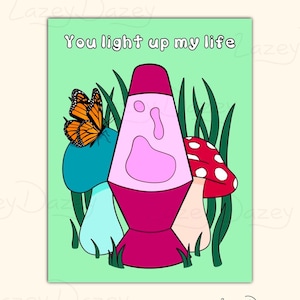 Tarjeta "Iluminas mi vida", lámpara de lava retro, tarjeta de amor, linda y romántica, tarjeta de felicitación de los años 70 con estética de hongo y mariposa, aniversario.