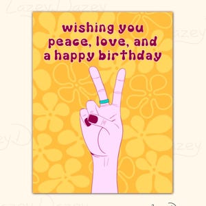 Tarjeta de cumpleaños retro "Paz, amor y feliz cumpleaños", tarjeta de felicitación de los años 70, tarjeta de cumpleaños psicodélica indie.