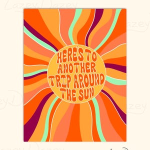 Cartão de aniversário "Viagem ao redor do sol", saudação psicodélica retrô, cartão de aniversário indie descolado, papelaria estética dos anos 70