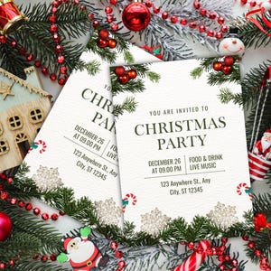 Invitación a fiesta navideña con acuarela verde, invitación festiva, elegante tarjeta para evento navideño, suministros modernos para fiestas de invierno