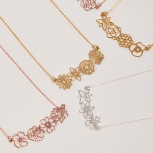 Dainty Birth flower Necklace , 14K Gold Birth Flower Bouquet Necklace, Personalized Gift, Birth flower Family Gift, Mothers day gifts