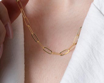 14K Gold Paperclip Chain Necklace: Dainty Sterling Silver Layering Chain