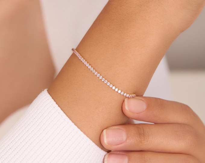 14K Gold Diamond Tennis Bracelet: Dainty 1.7mm Sparkling CZ Bracelet