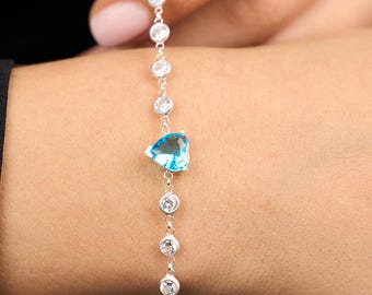 Personalized Aquamarine Heart Bracelet, Silver Bracelet for Women, Dainty Heart Bracelet, Anniversary Gift for Wife, Valentine's Day Gift