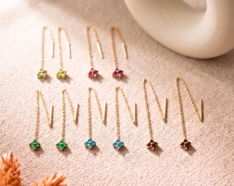 Birthstone Threader Earrings, Dainty Gold Chain Earrings, Personalized Drop Earrings, Minimalist Gift for Her