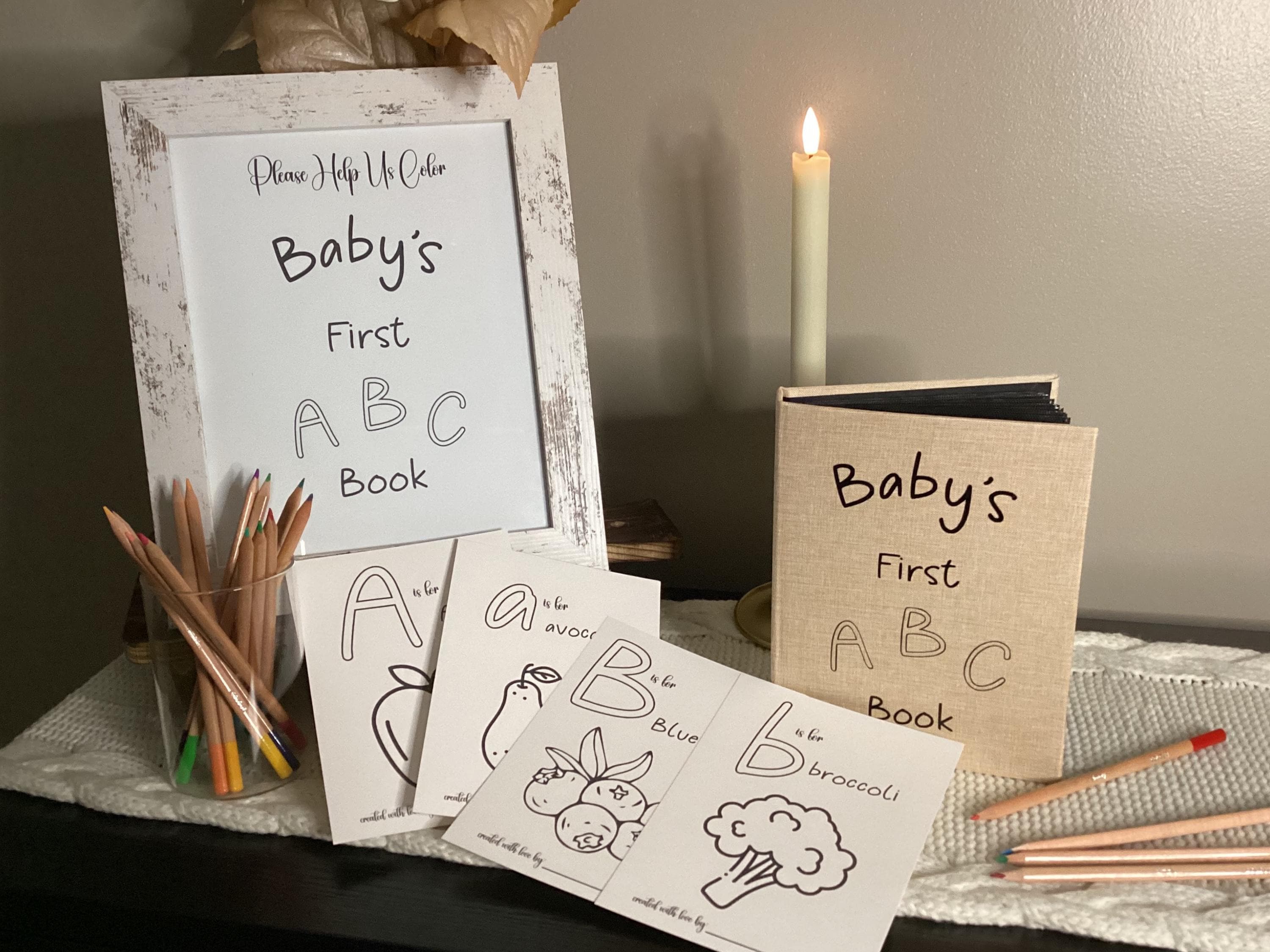 Personalized Baby Shower ABC Book: Fruits & Veggies Coloring Activity