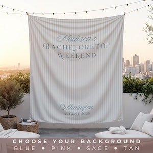 Bachelorette Banner Tapestry, Personalized Blue Stripe Bach Banner, Girls Weekend Backdrop
