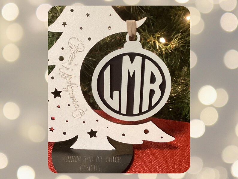 Elegant Handpainted Layered Wood Monogram Ornament Gray & Black