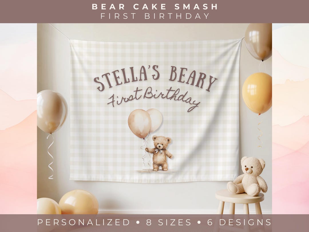 Bear Cake Smash Backdrop Personalized First Birthday Banner Neutral ...