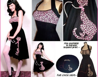 Slimming Purrrrfectly Natural or Pink Kitty-Cat Halter Dress... Meeeowww... Regular and Plus Sizes... 50s Retro Vintage style... Kawaii...
