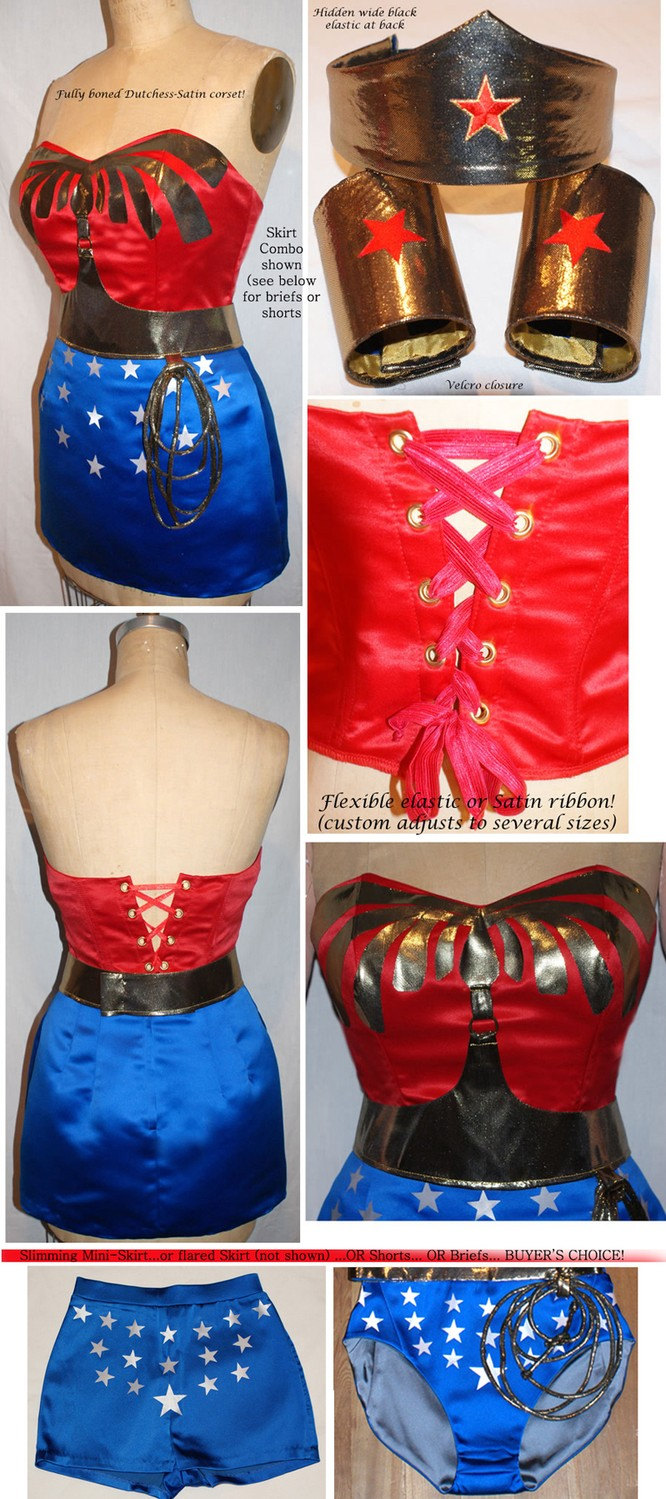 buy cheap with free shipping Full Wonder Woman Costume: Corset, Tiara, Cuffs,  Belt, Lasso, Choice Briefs or Shorts or Skirt (Cape sold separately)