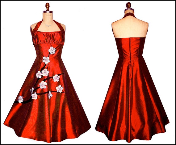1950s Cherry Blossom Dress: Taffeta Retro Wedding Cocktail Dress