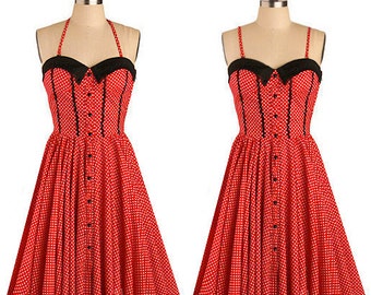 Polka Dot Pin Up Dress: Boned Bodice, Circle Skirt, Optional Straps