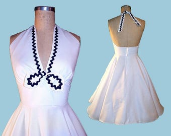 Custom Halter Dress: Textured Cotton, Full Circle Skirt, Fitted Waist