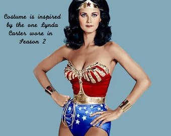 Classic Lynda Carter Season 2 Full Wonder Woman Costume:  Corset, Tiara, Cuffs, Belt, Lasso, Choice Briefs or Shorts or Skirt (WITH cape)...