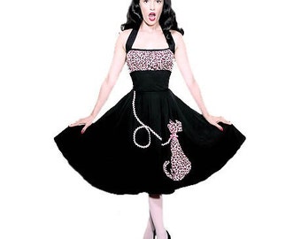 Slimming Rockabilly Pin Up... Full Circle Skirt... Purrrrfectly Pink Kitty-Cat Halter Dress... Meeeowww...All sizes