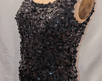 Super Stretchy Sz M/L/XL  1960s Sexy Party Top Vintage Jet Black Shimmery Sequin Sweater Knit Sleeveless Blouse OOAK... Fits 10/12/14+