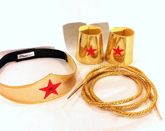 Wonder Woman Accessories: Gold Tiara, Gold Cuffs, Lasso and Earrings...