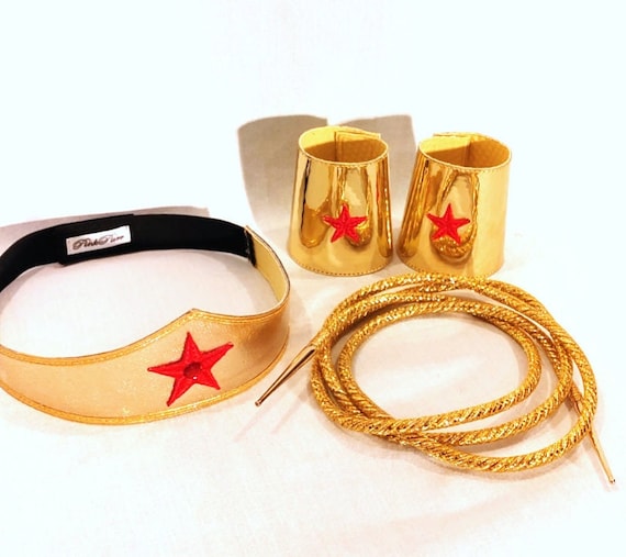 Wonder Woman Accessories: Gold Tiara, Gold Cuffs, Lasso and Earrings 
