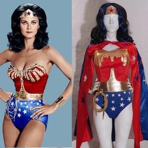 Costume Wonder Woman classique complet de Lynda Carter saison 2 : corset emblème, ceinture, diadème, poignets et votre choix de bas avec cape... image 1